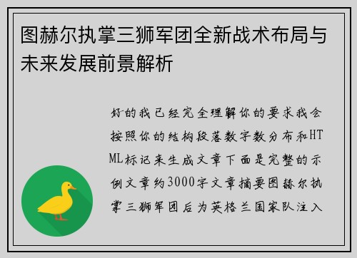 图赫尔执掌三狮军团全新战术布局与未来发展前景解析